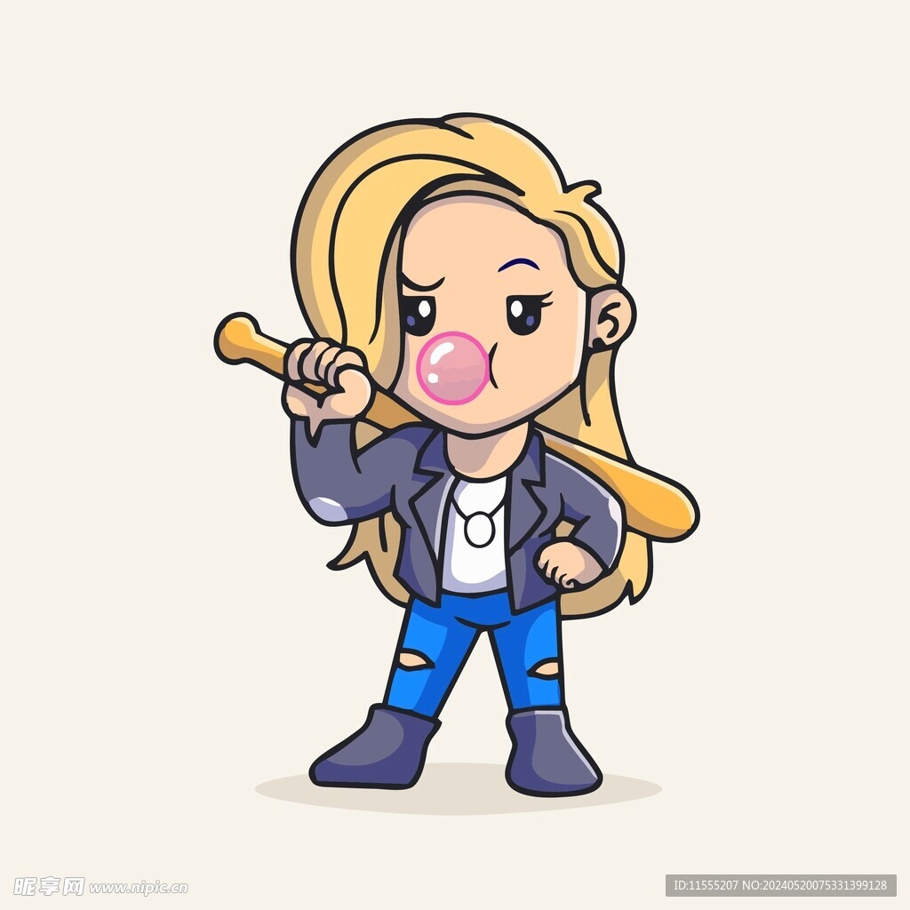 可爱棒球棒金发女矢量卡通插画