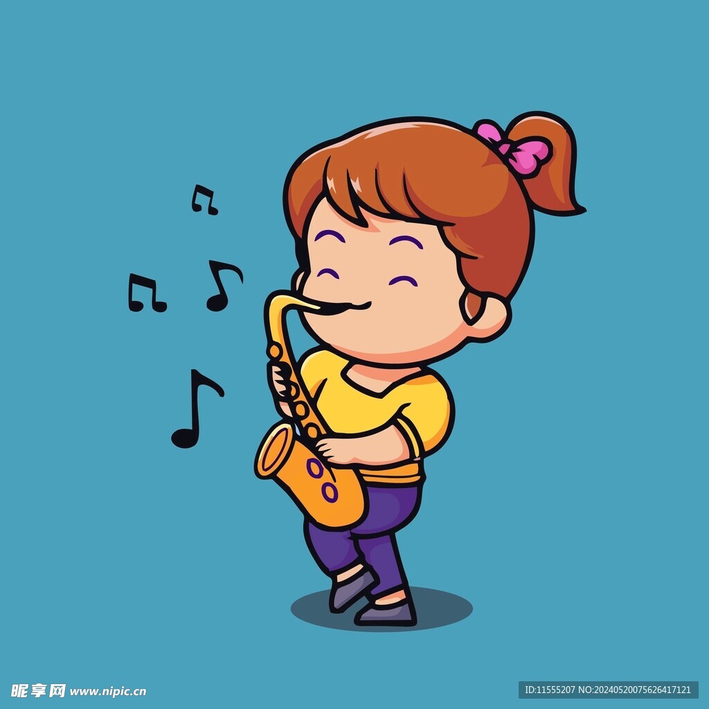 可爱吹萨克斯的女孩矢量卡通插画