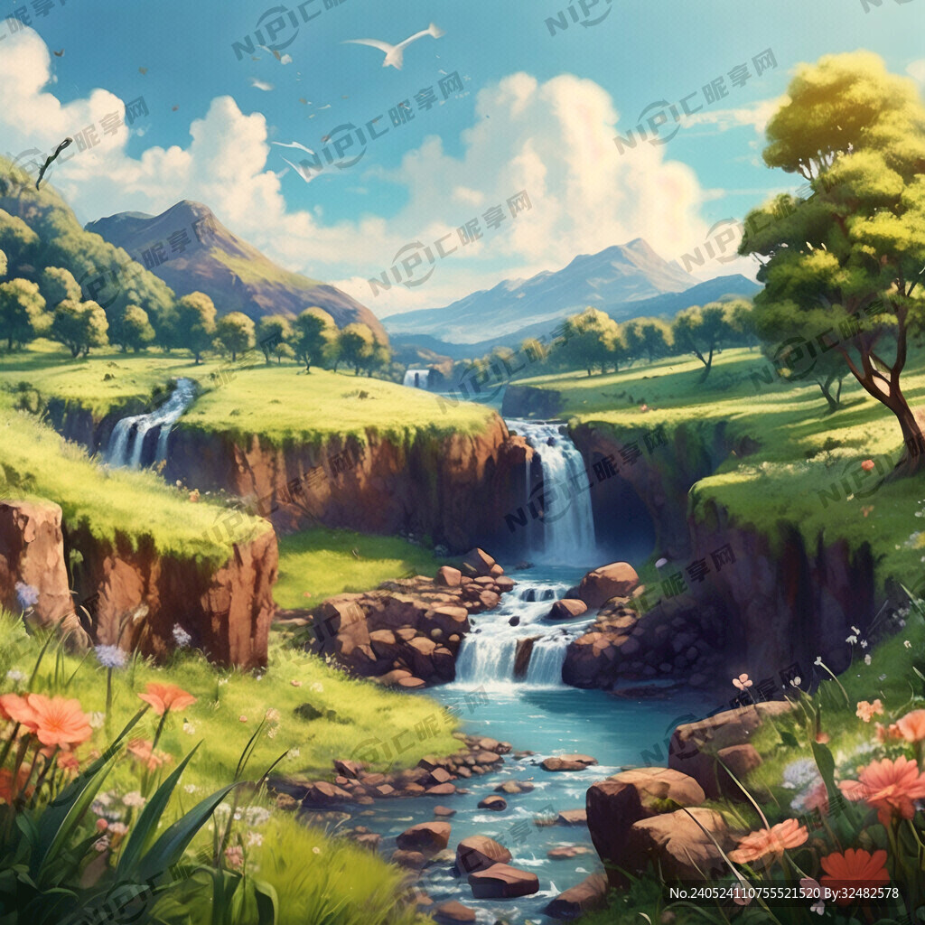 瀑布河流 平原草地 自然风光