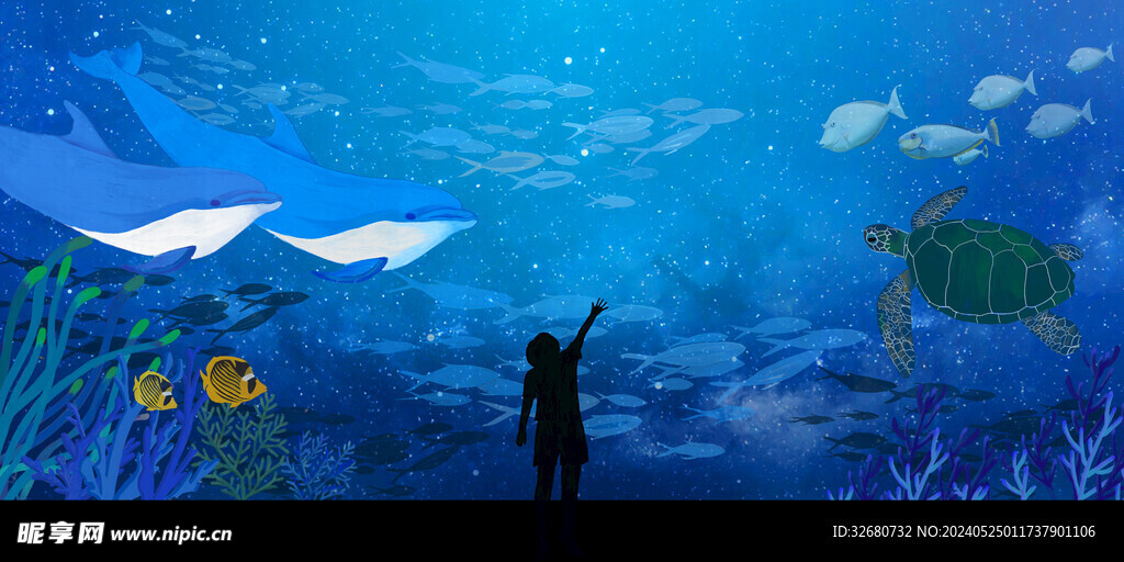 清新唯美梦幻海豚海底插画