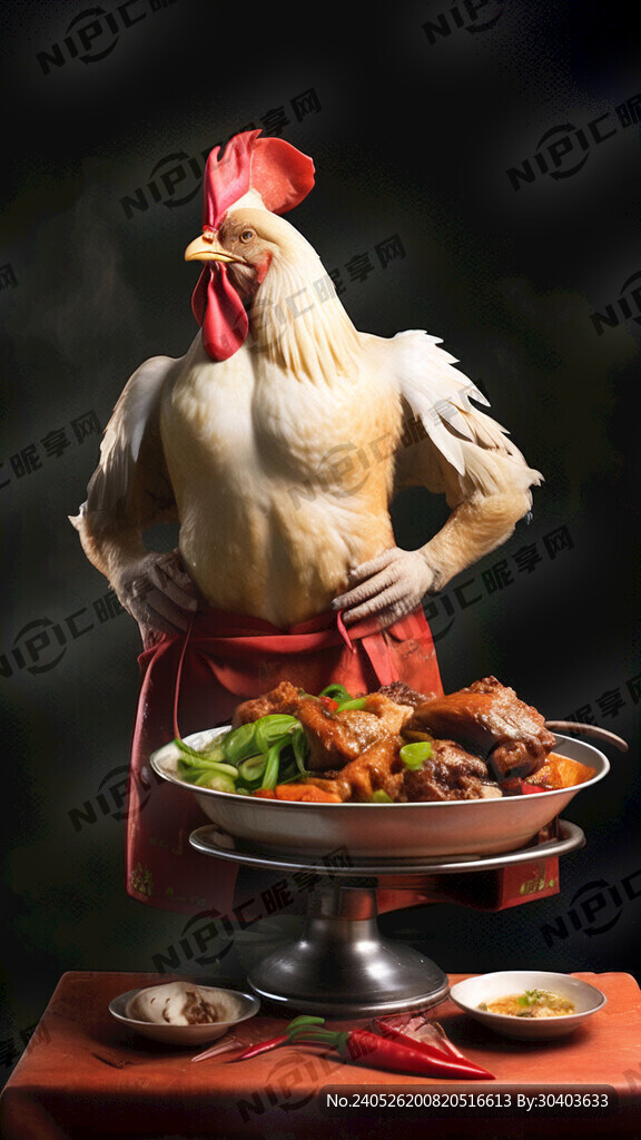 大公鸡 带着厨师帽子 端着盘子