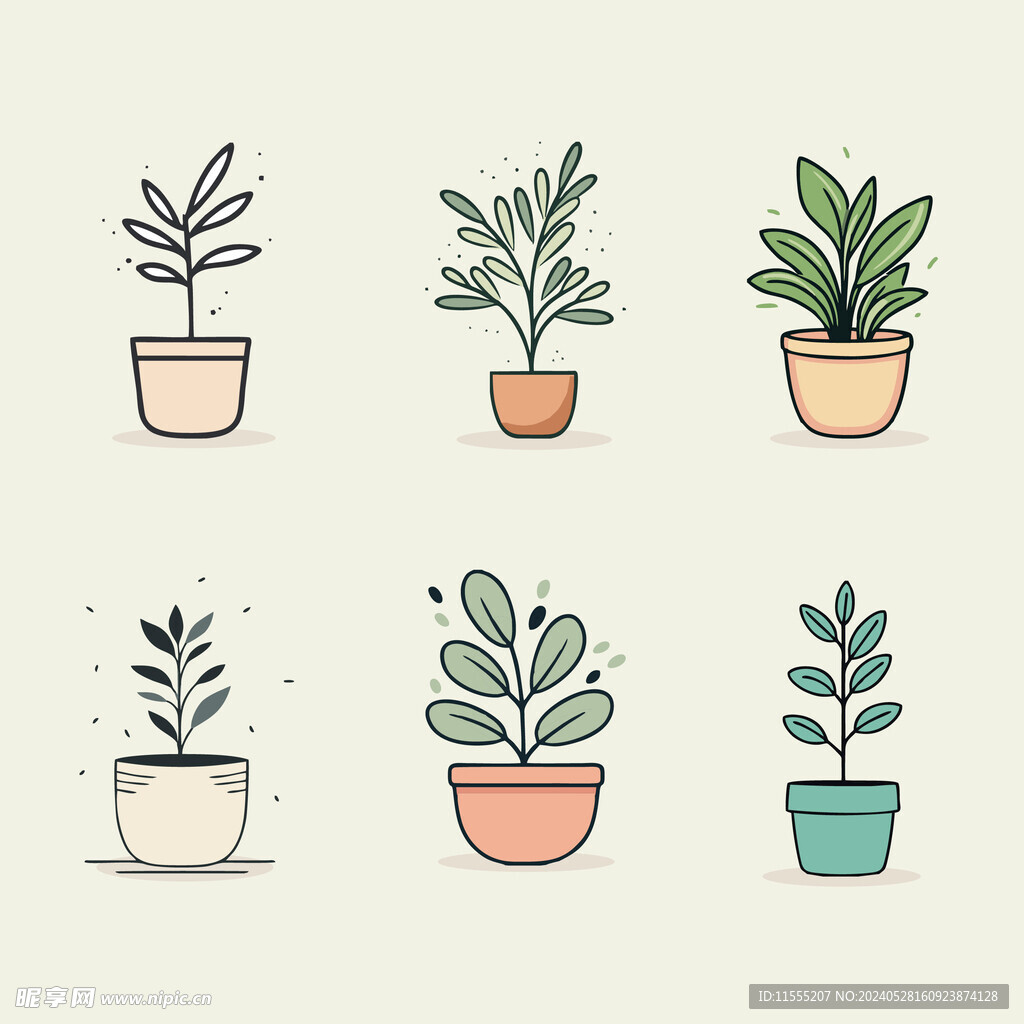 多彩花卉植物卡通绘画儿童插画