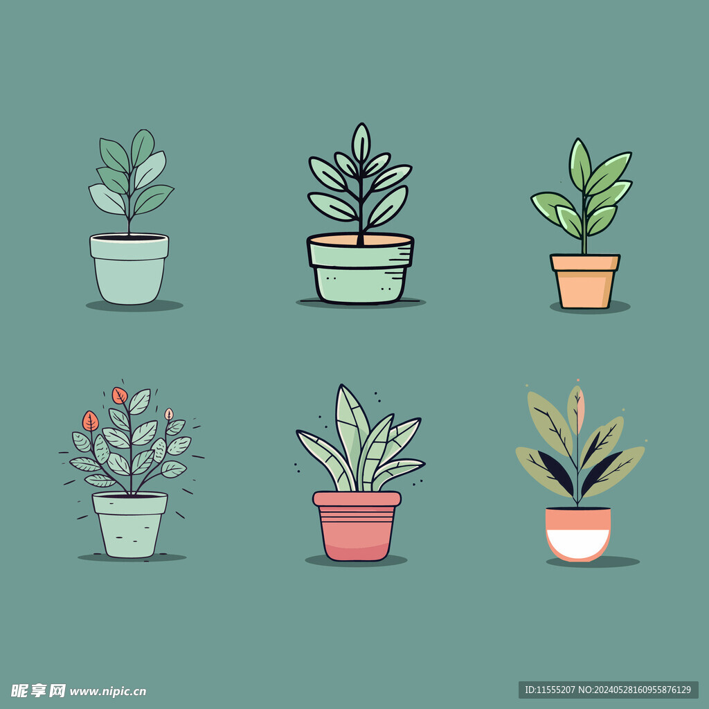 多彩花卉植物卡通绘画儿童插画