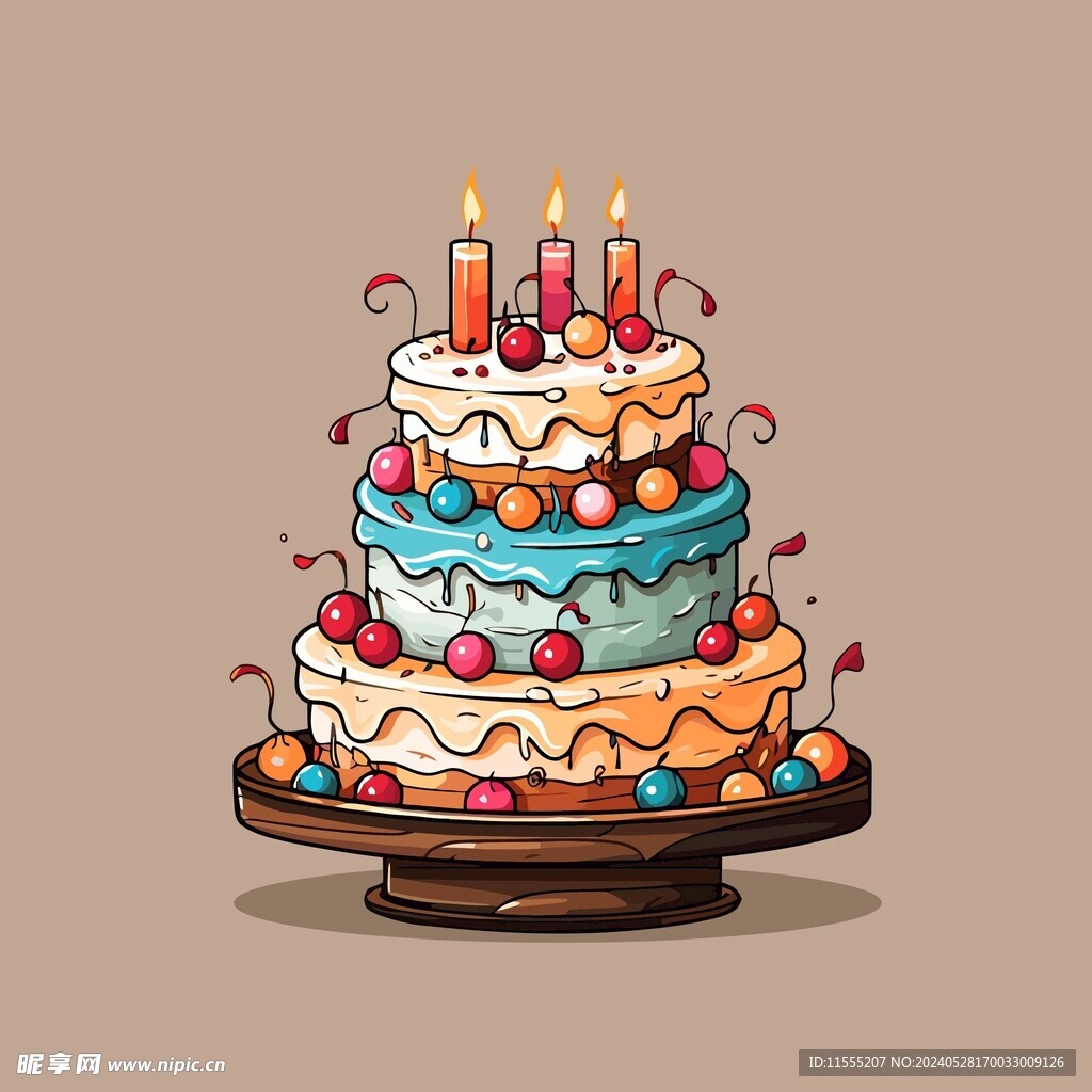 美味水果奶油蛋糕卡通矢量插画