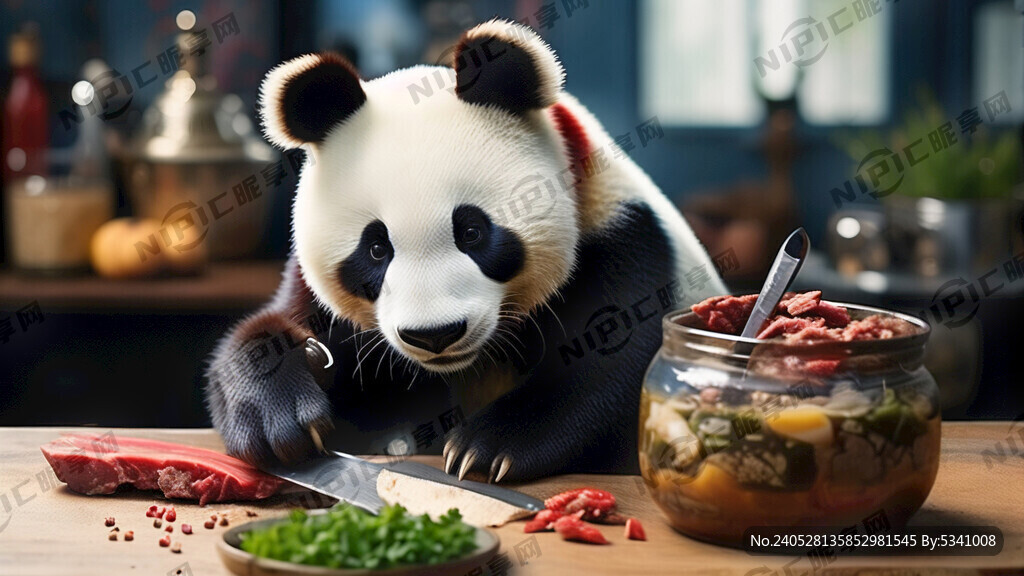 彩色熊猫 手拿刀 切牛肉