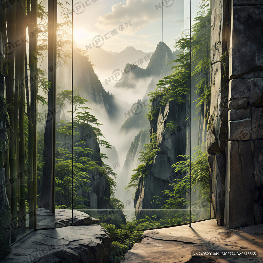 透过落地玻璃看 山坡石头挡