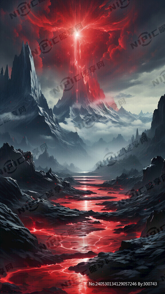 天空 黑色山峰 红色溪流 科幻