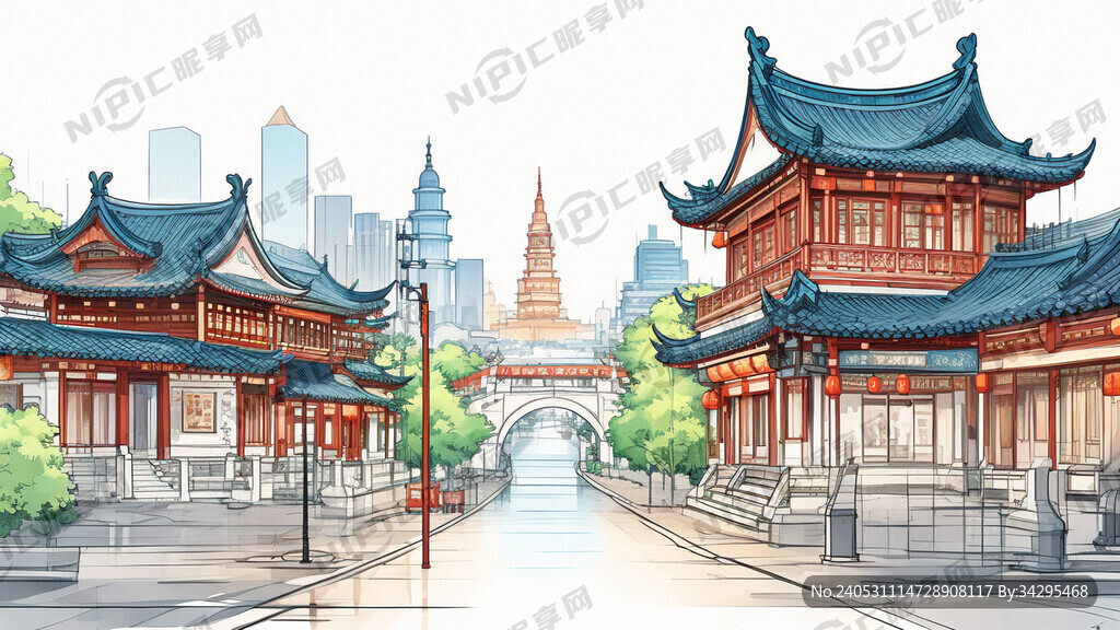 南京夫子庙建筑卡通插画 手绘