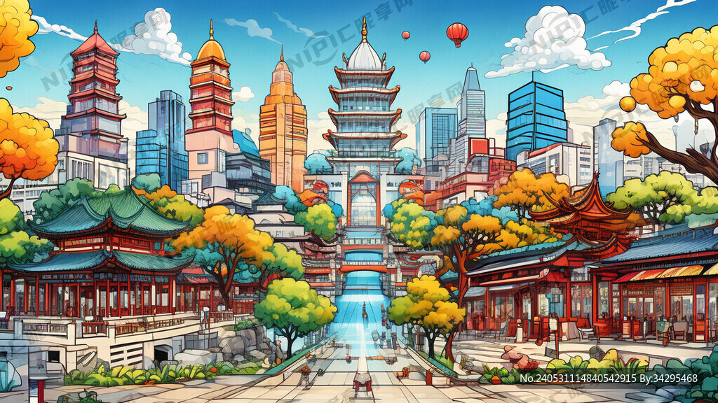 夫子庙建筑 卡通手绘 色彩鲜艳