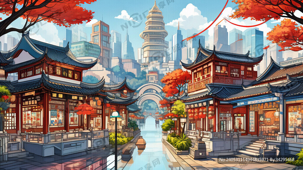 南京夫子庙建筑 卡通 色彩鲜艳