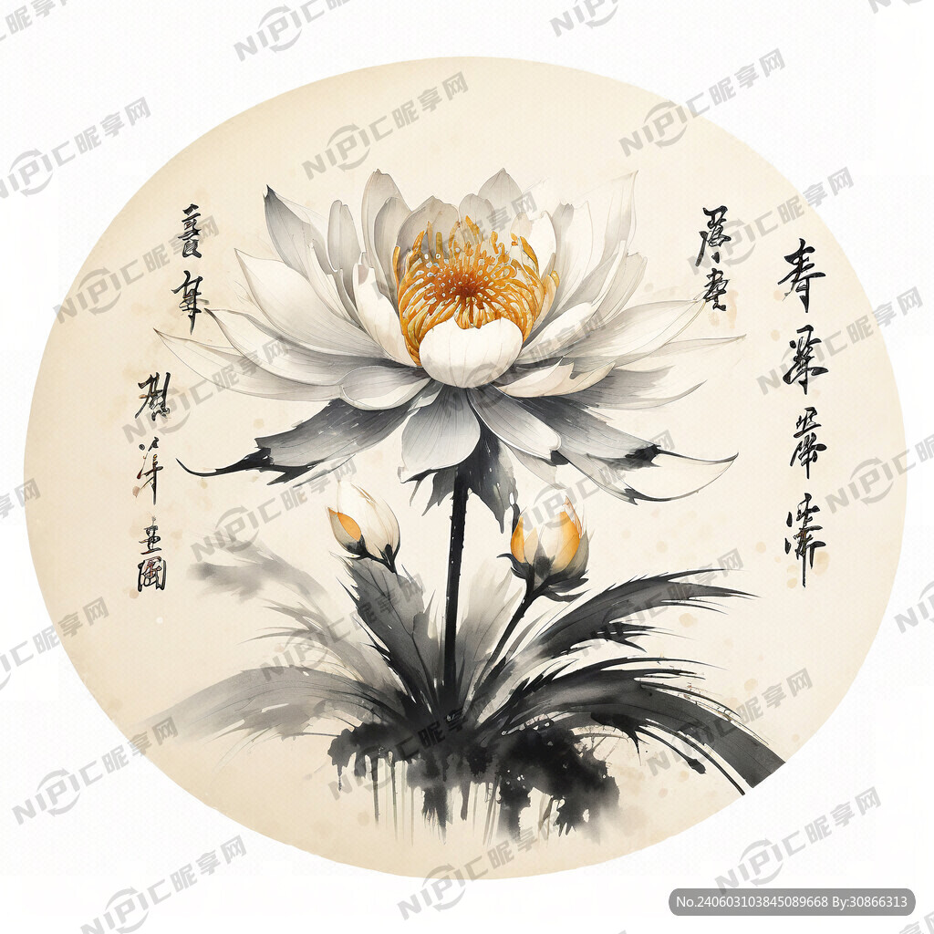 水墨天山雪莲 描金线条