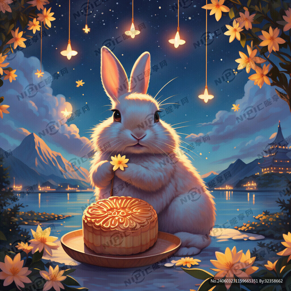 兔子手持月饼 桂花飘落