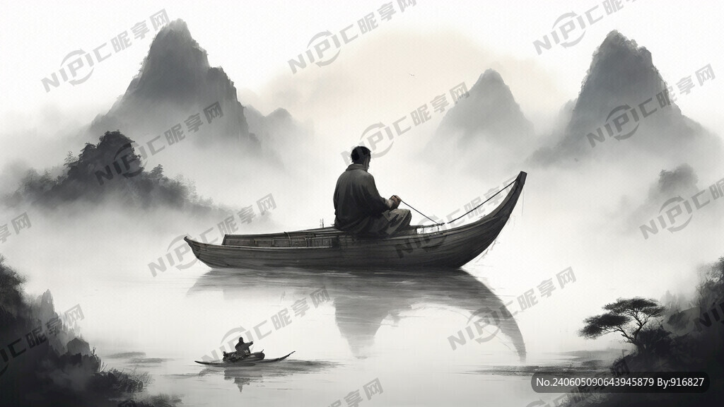 诗人 坐在船上 青山 中国画