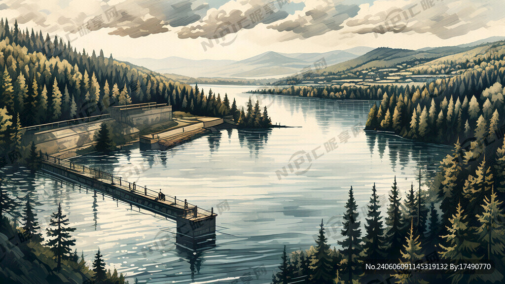 大面积湖水 湖坝 树林