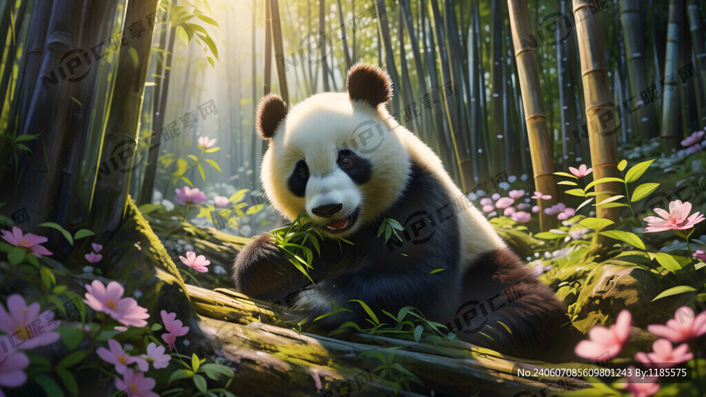 森林里一只憨厚可爱的熊猫在吃竹