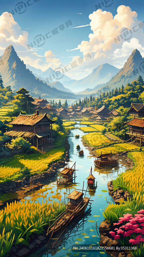 农庄稻田风景画