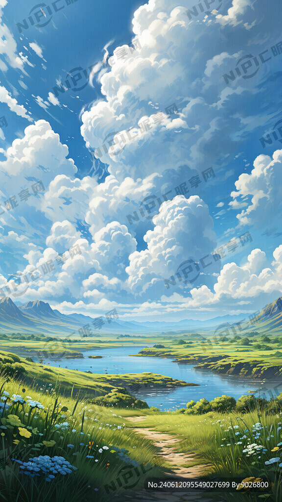 蓝天 白云 远山 近水 绿草地