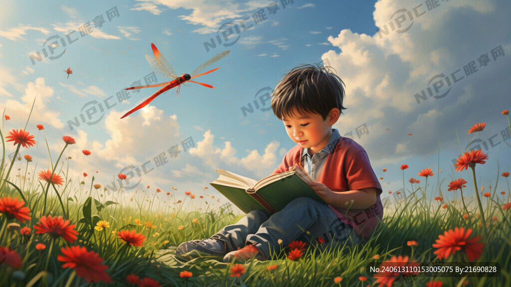 一个小男孩在草地上看书