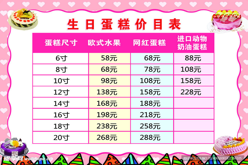 生日蛋糕价目表
