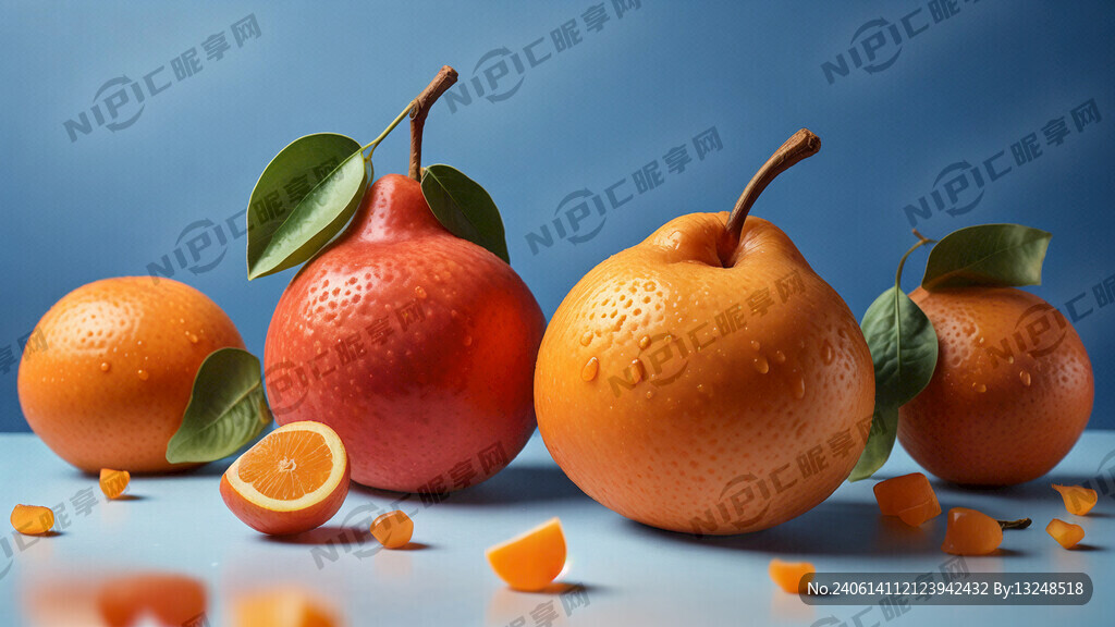 梨和橙子 蓝色背景 精美 细致