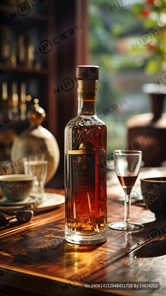 一瓶白酒放在黄花梨木桌上 茶具