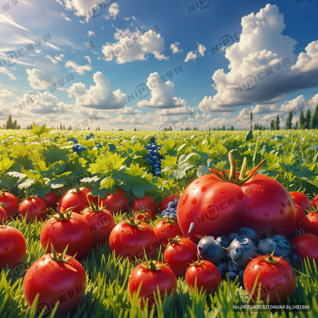 蓝天白云草地左边有蓝莓右边有小