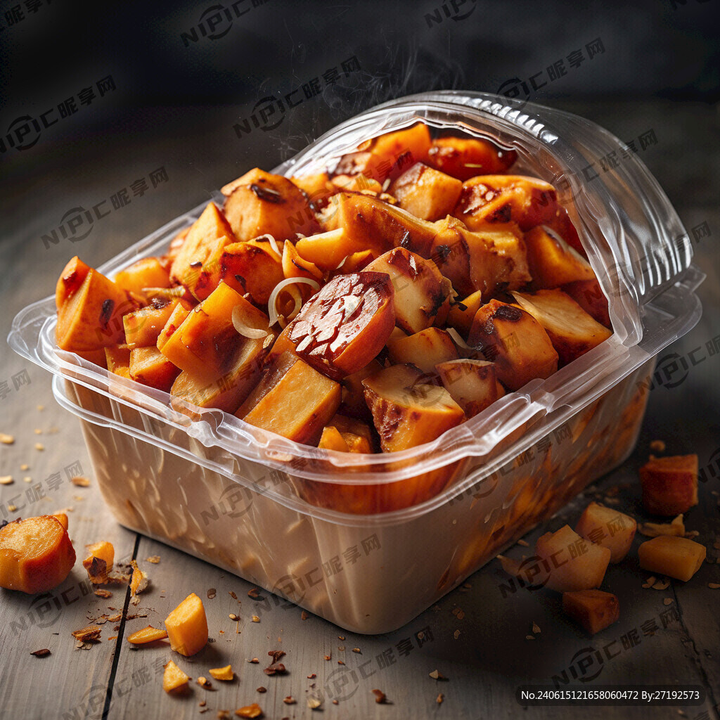 一个一次性塑料盒装着被切成块的