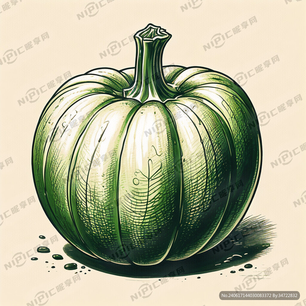 绿色贝贝南瓜切开 手绘图