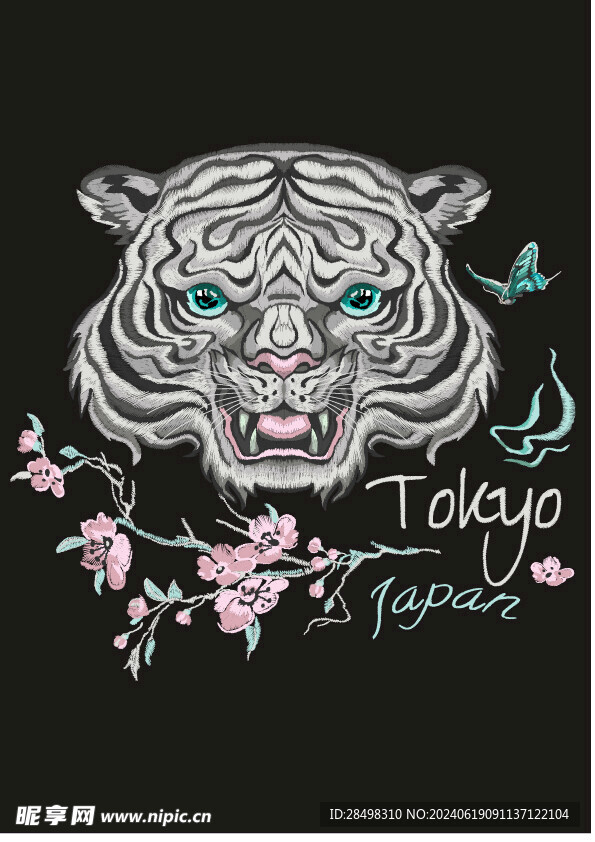 大牌老虎头花朵刺绣