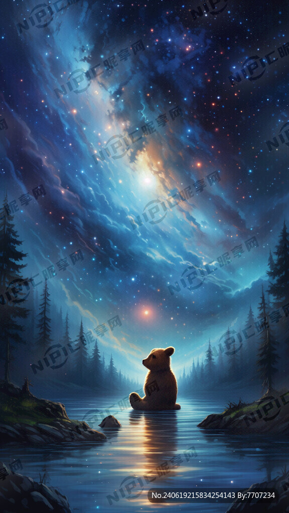 一只小熊和一只小兔子在天上的银