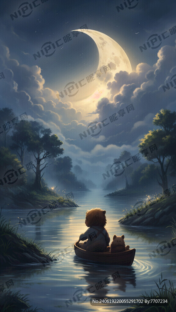 一只小熊和一只小兔子在河里划船