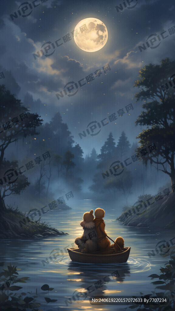 一只小熊和一只小兔子在河里划船