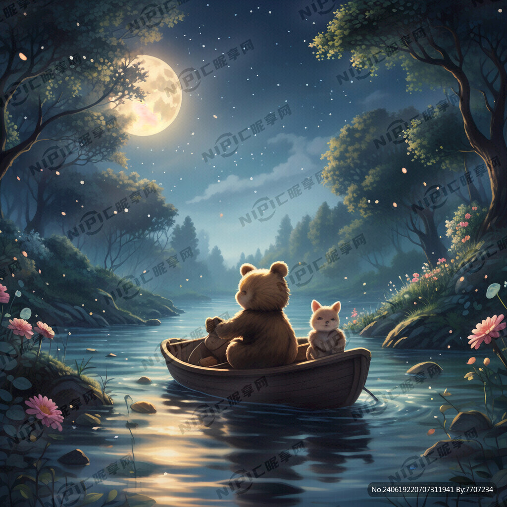 一只小熊和一只小兔子在河里划船