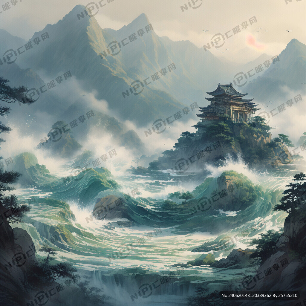 中国风 线稿底稿 海浪 远山