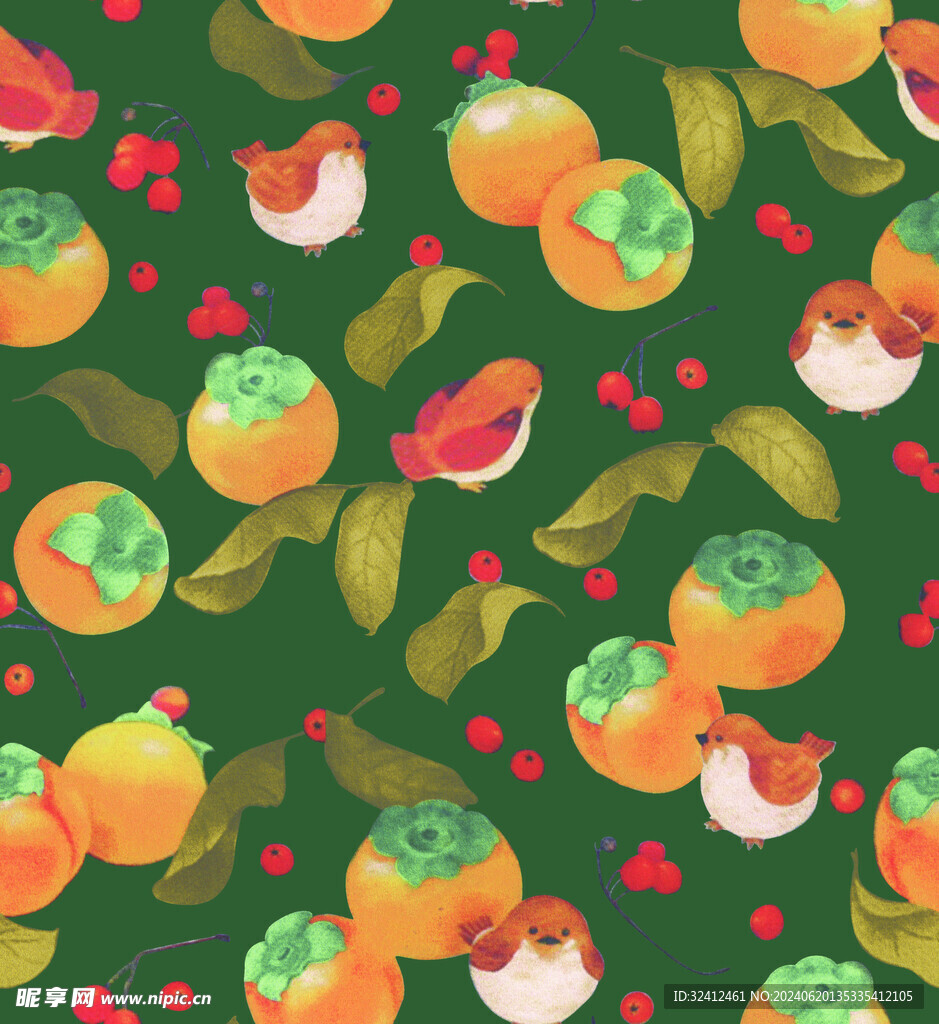 小鸟树枝水果数码印花