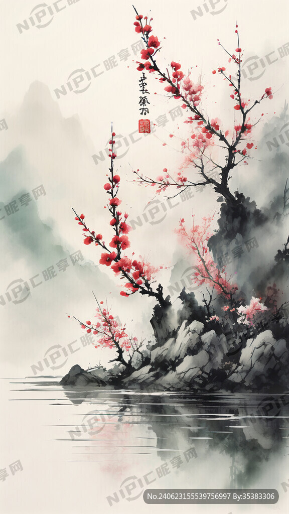 书签设计 山水 梅花 有绿色