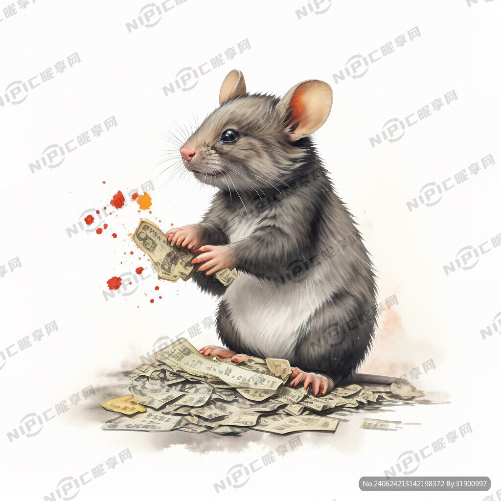 请帮我画一个中国老鼠在扫钱币 