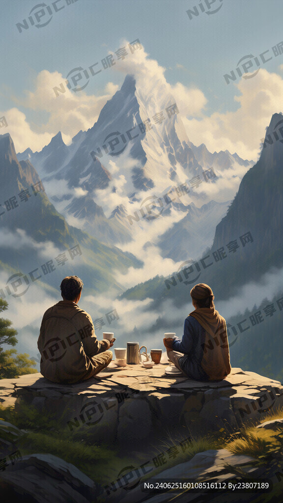 两个人坐在山岭间 喝咖啡 远景