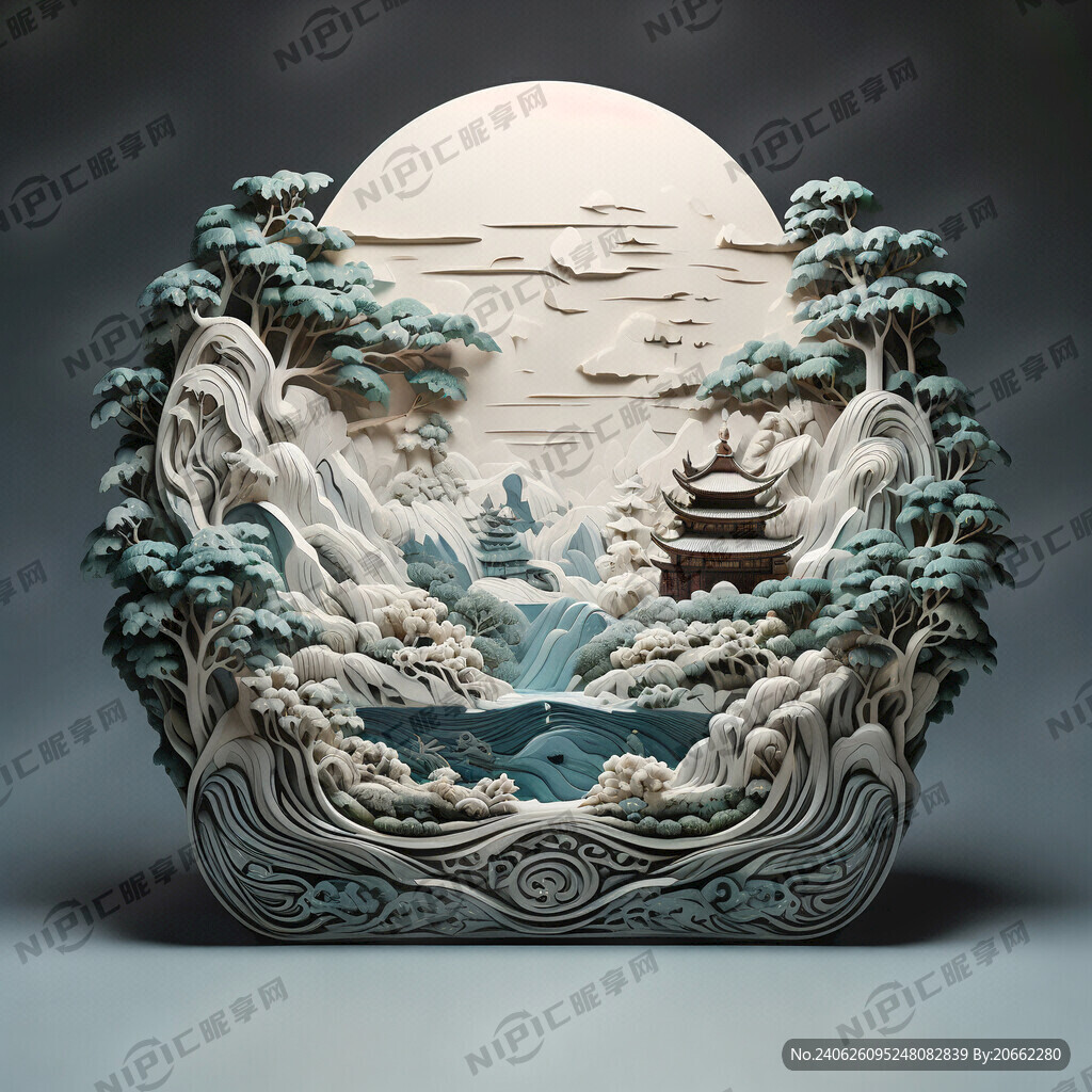 山水线条 多层次浮雕效果