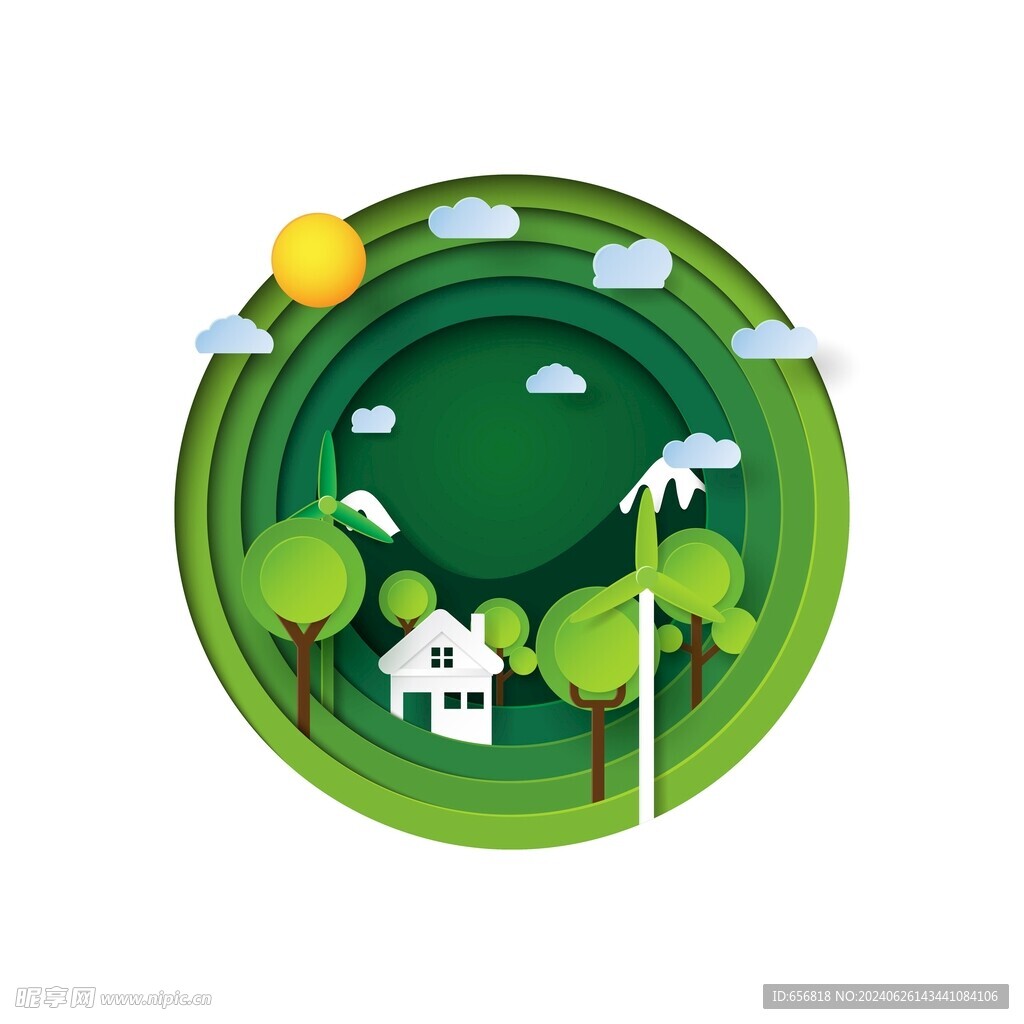 城市绿色环保剪纸风立体插画