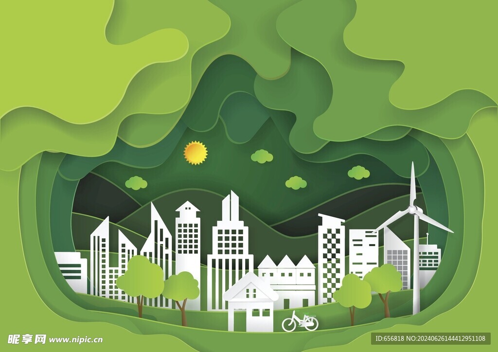 城市绿色环保剪纸风立体插画