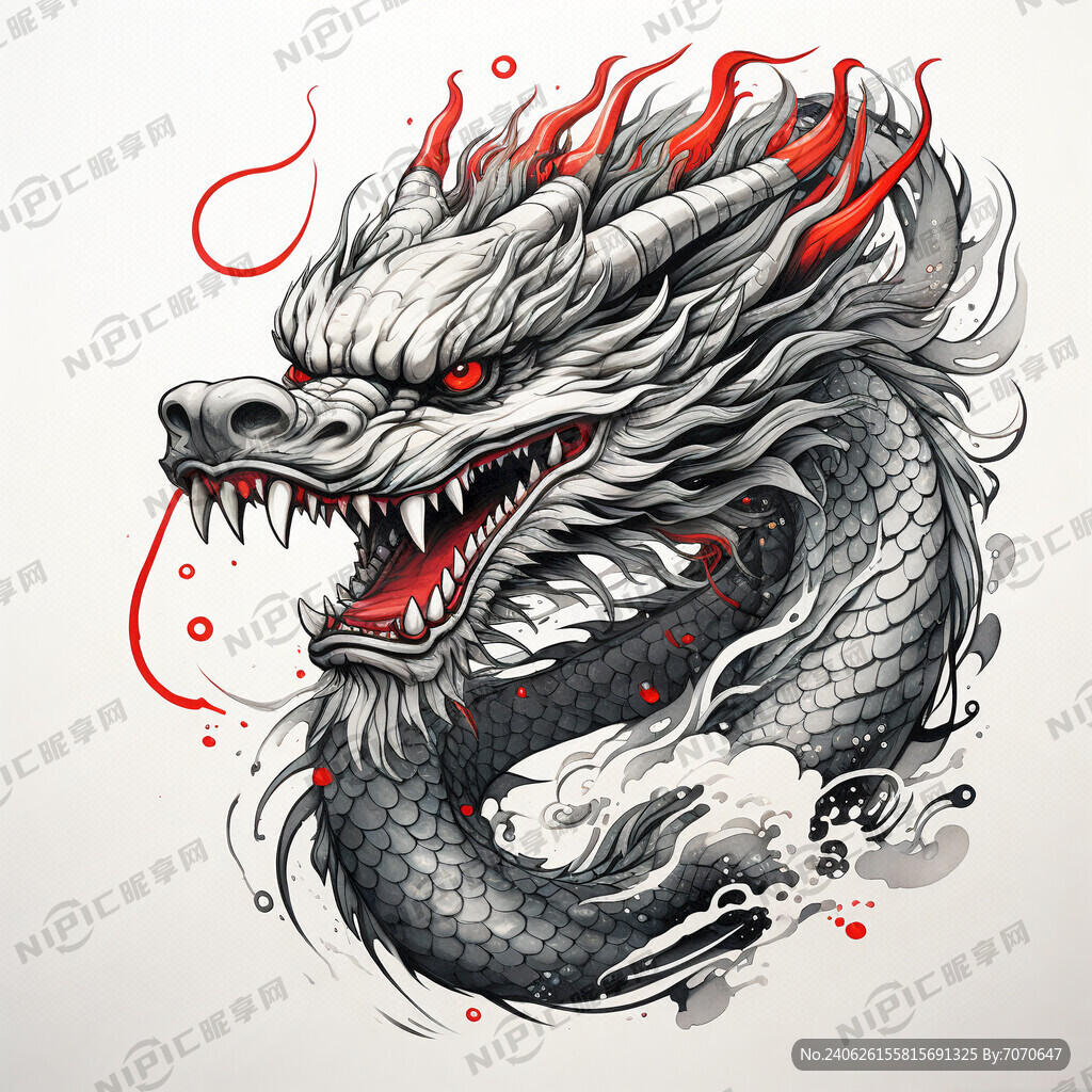 龙 手绘 灰色 红口道场