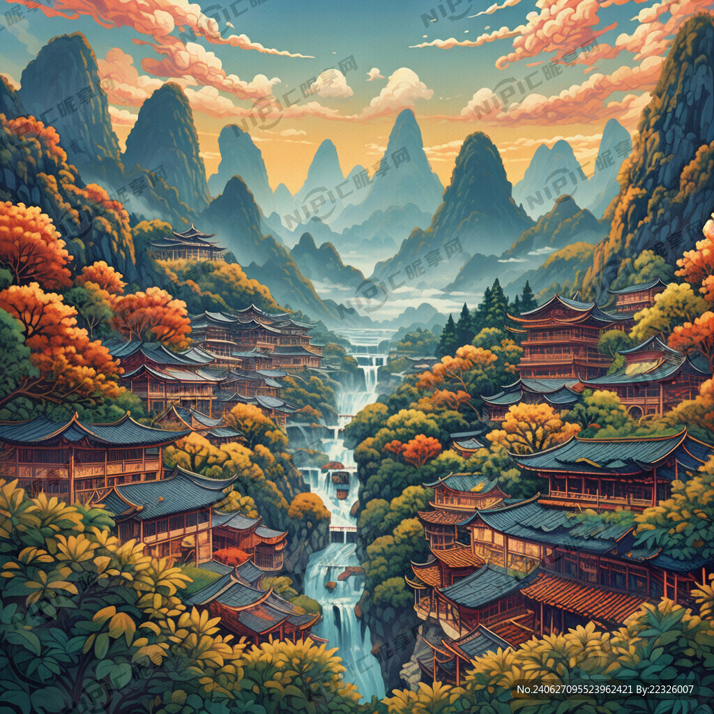 苗染插画风格画出贵州万峰林景区