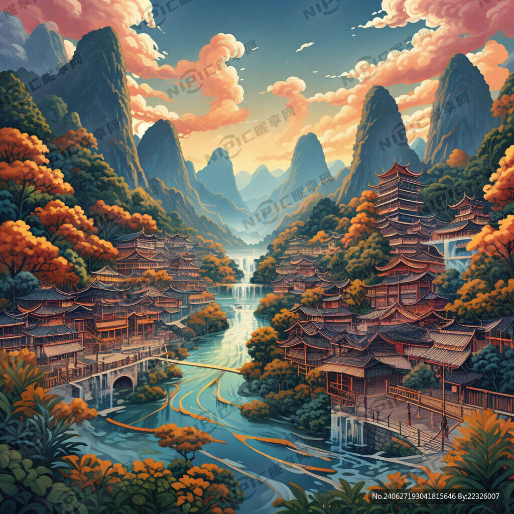 苗染插画风格画出贵州万峰林景区