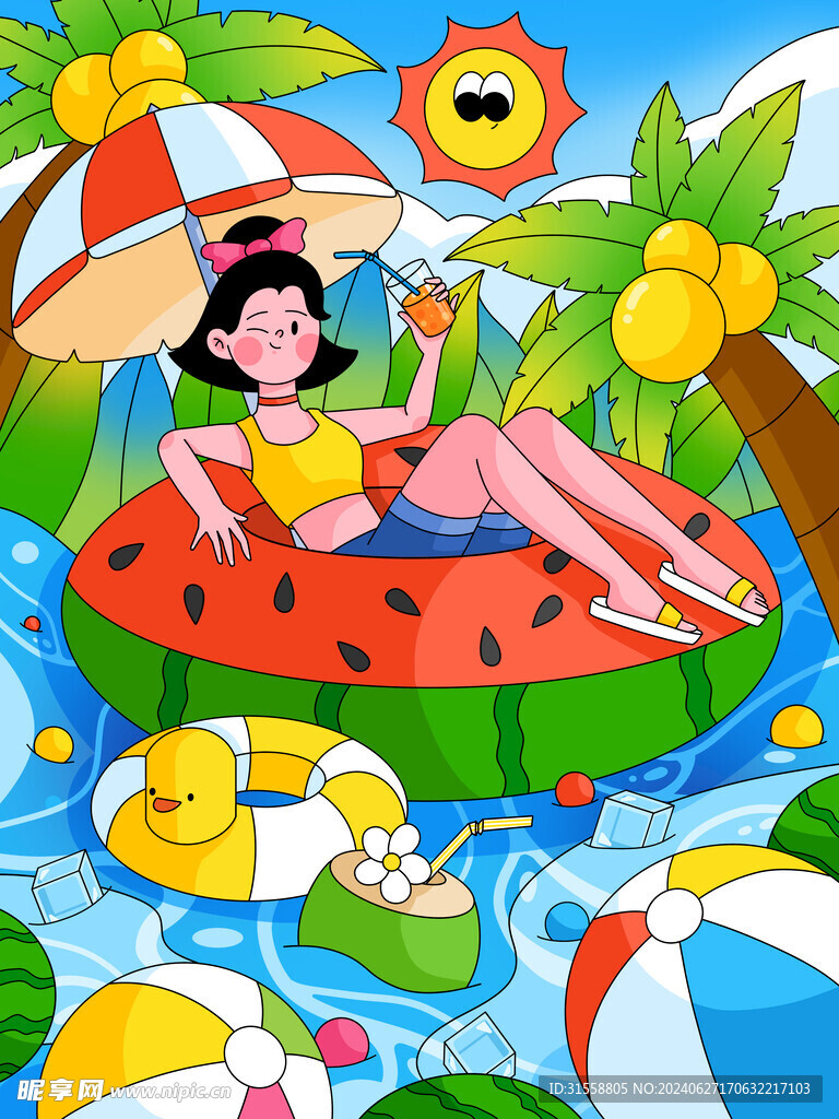 夏天夏季女孩泳池度假卡通插画
