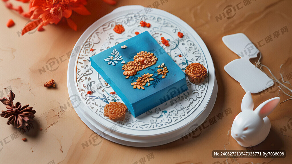 月饼提货券 蓝色和橙色 有兔子