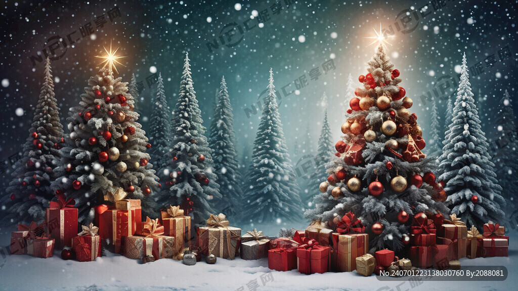 被雪覆盖的圣诞树 圣诞礼物