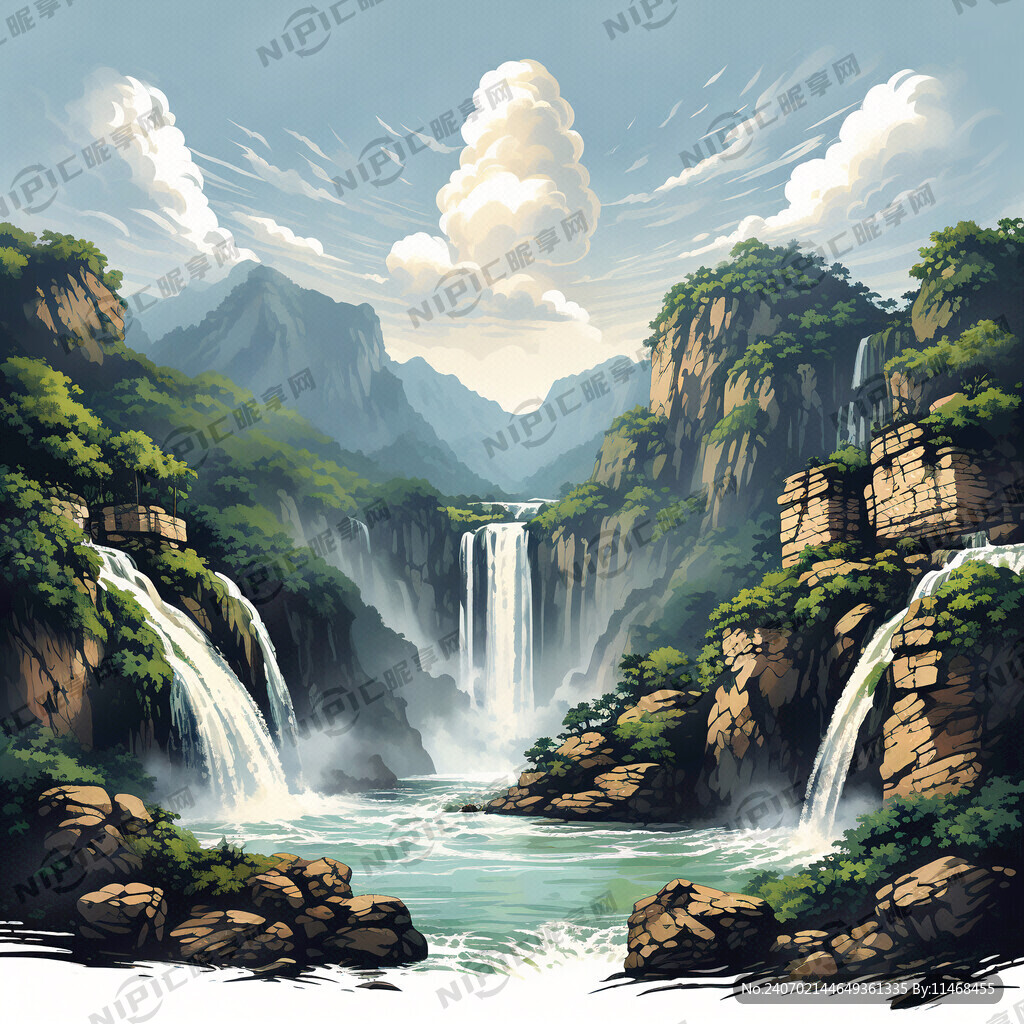 黄果树瀑布矢量图简笔画