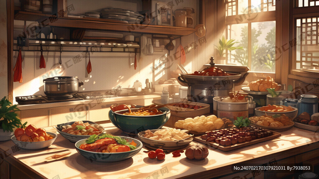 温馨的厨房 桌子上有中式美食