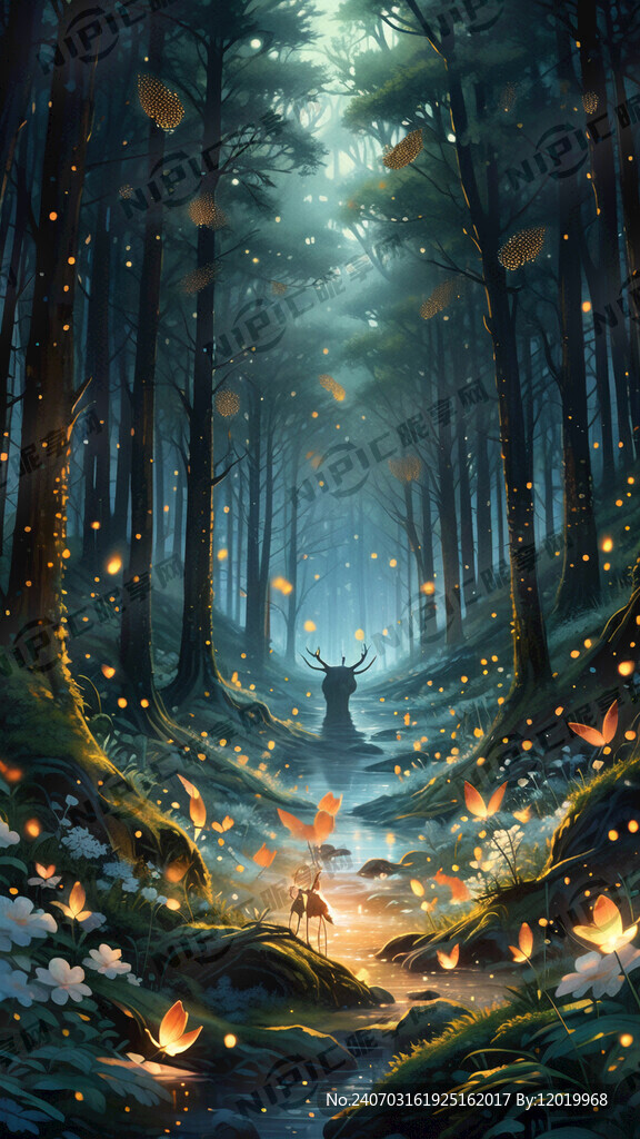森林 萤火虫 亮化 花鸟 鹿
